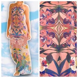 BOSTON PROPER Tropical Keyhole Halter Maxi Dress Preppy Beach Coastal Vacation
